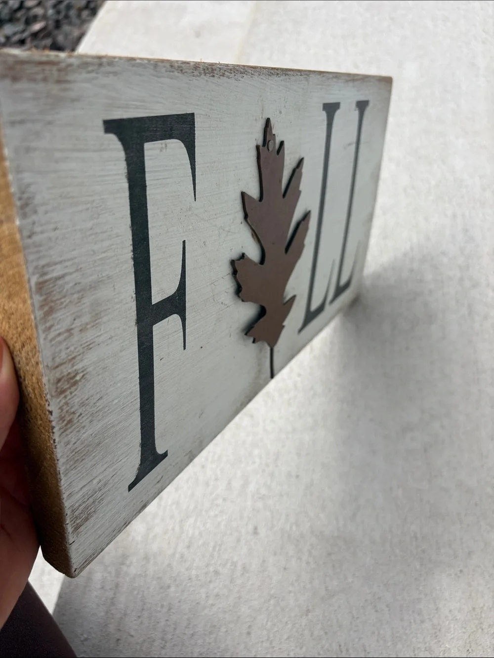 Rustic White Wood FALL Wall Sign with Brown Leaf Accent